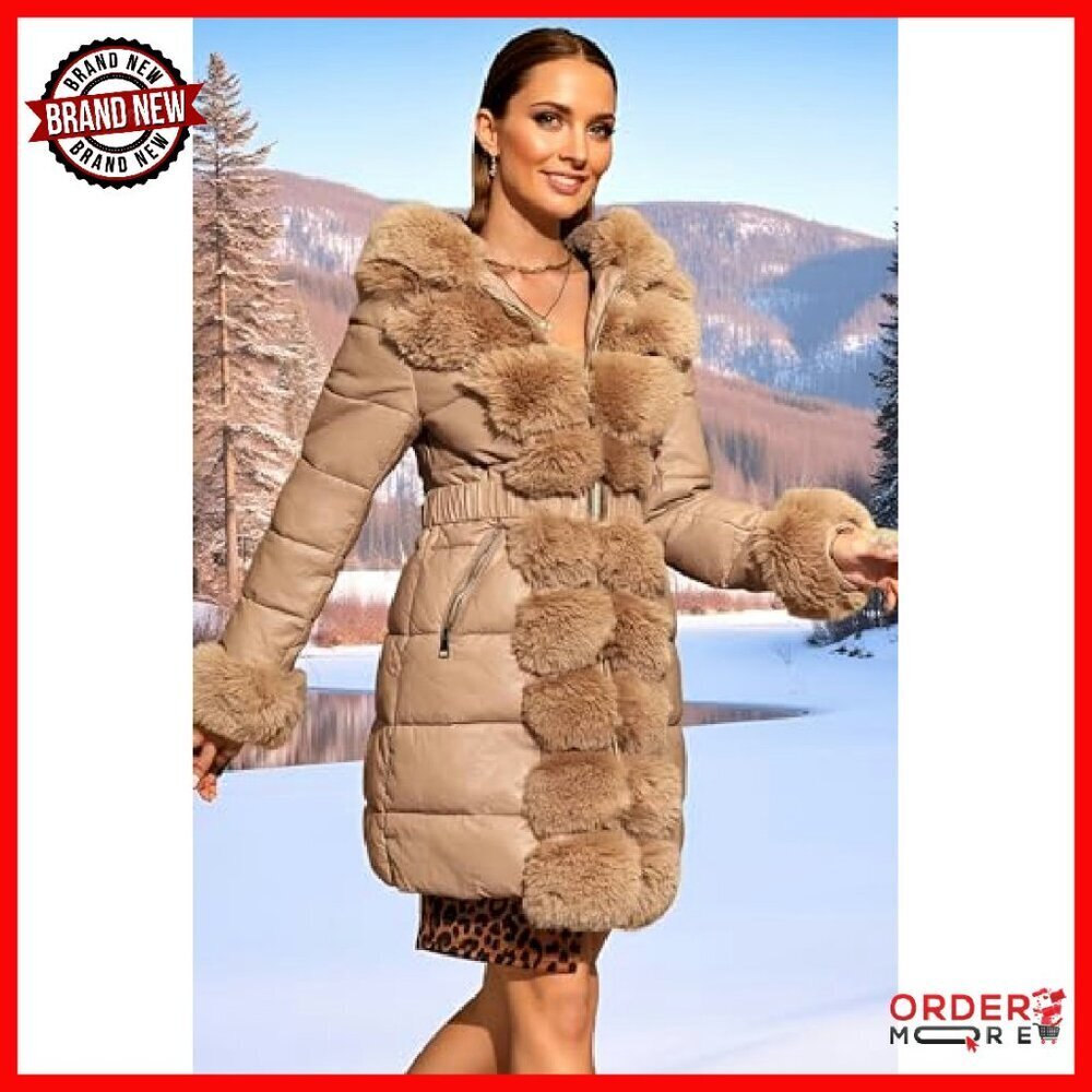 Women's Winter Puffer Coat with Fur Hood, Faux Leather, Belted, Size Available - Picture 6 of 8